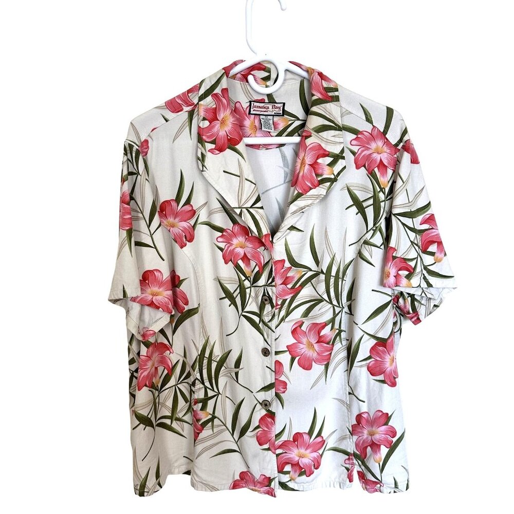 Jamaica Bay Womens Hawaiian Top 2X Button Up Shirt Short Sleeve Cream Pink